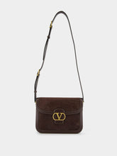 Valentino Garavani Dark Brown Suede Shoulder Bag with Brass Logo