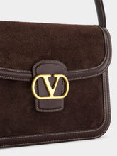 Valentino Garavani Dark Brown Suede Shoulder Bag with Brass Logo