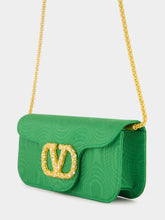 Valentino Garavani Green Loco Moiré Clutch with Jewel Logo