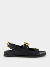 Valentino Garavani Black Flat Leather Sandals with VLogo Buckles