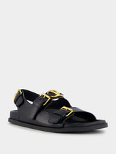 Valentino Garavani Black Flat Leather Sandals with VLogo Buckles