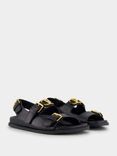 Valentino Garavani Black Flat Leather Sandals with VLogo Buckles