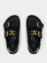 Valentino Garavani Black Flat Leather Sandals with VLogo Buckles