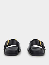 Valentino Garavani Black Flat Leather Sandals with VLogo Buckles