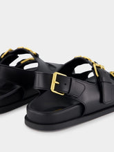 Valentino Garavani Black Flat Leather Sandals with VLogo Buckles