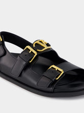 Valentino Garavani Black Flat Leather Sandals with VLogo Buckles