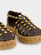 Valentino Garavani Dark Brown Rockstud Flat Espadrille Sandals