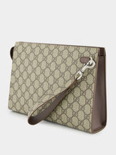 Gucci Beige GG Supreme Pouch with Brown Leather Trim