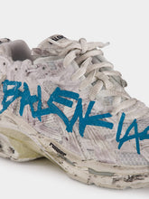 Balenciaga White and Blue Graffiti Runner Sneakers
