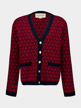 Valentino Garavani Navy and Red Wool V-Pattern Cardigan