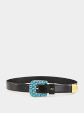 Valentino Garavani Black VLogo Belt with Turquoise Gem Buckle
