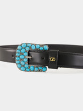 Valentino Garavani Black VLogo Belt with Turquoise Gem Buckle