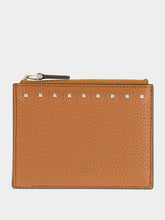 Valentino Garavani Selleria Brown Leather Card Holder with Zip and Rockstuds