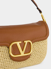 Valentino Garavani Natural Raffia and Saddle Brown Leather Shoulder Bag