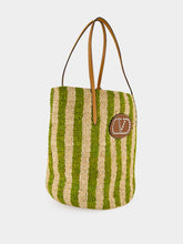 Valentino Garavani Natural and Green Striped Raffia Shopping Bag
