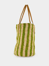 Valentino Garavani Natural and Green Striped Raffia Shopping Bag