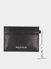 Alexander McQueen Black Crackled Leather Card Holder with Silver Chain