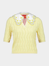 La DoubleJ Yellow and Pink Embroidered Silk Cotton Blend Crop Polo