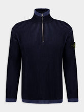 Stone Island Navy Blue Loose Fit Half Zip Wool Sweater
