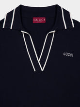 Gucci Dark Blue Cotton Silk Polo Top with Intarsia