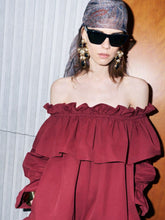 Saint Laurent Bordeaux Off-the-Shoulder Ruffled Cotton Twill Dress