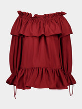 Saint Laurent Bordeaux Off-the-Shoulder Ruffled Cotton Twill Dress