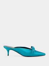 Nano Bow Heeled Mules in Blue Satin