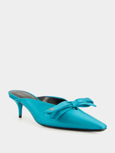 Nano Bow Heeled Mules in Blue Satin