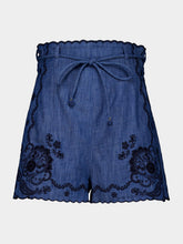 Zimmermann Railway Blue Aster Embroidered Denim Shorts