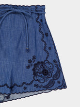 Zimmermann Railway Blue Aster Embroidered Denim Shorts