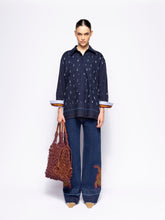 Paula Avila Blue Embroidered Wide-Leg Denim Pants