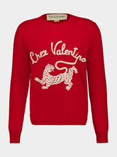 Valentino Garavani Red Wool Sweater with Chez Valentino and Panther Embroidery