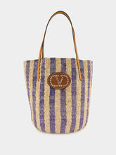 Valentino Garavani Natural and Blue Striped Raffia Shopping Bag