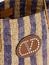 Valentino Garavani Natural and Blue Striped Raffia Shopping Bag