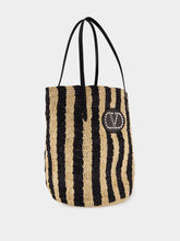 Valentino Garavani Natural and Black Striped Raffia Shopping Bag