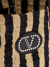 Valentino Garavani Natural and Black Striped Raffia Shopping Bag