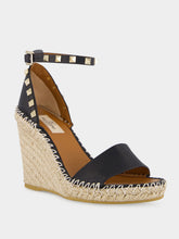 Valentino Garavani Black Calf Leather Wedge Espadrille Sandals