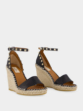 Valentino Garavani Black Calf Leather Wedge Espadrille Sandals