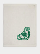 House of Capricorn Hand-Embroidered Teresa White Linen with Green Embroidery Placemat