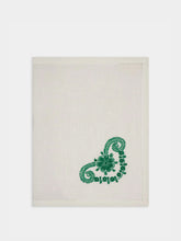 House of Capricorn Hand-Embroidered Teresa White Linen with Green Embroidery Placemat