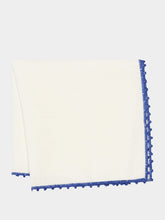 House of Capricorn Hand-Embroidered Teresa White Linen with Blue Crochet Napkin