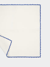 House of Capricorn Hand-Embroidered Teresa White Linen with Blue Crochet Napkin
