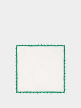 House of Capricorn Hand-Embroidered Teresa White Linen with Green Crochet Cocktail Napkin
