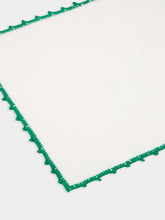House of Capricorn Hand-Embroidered Teresa White Linen with Green Crochet Cocktail Napkin
