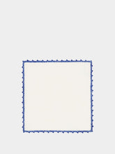 House of Capricorn Hand-Embroidered Teresa White Linen with Blue Crochet Cocktail Napkin