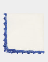 House of Capricorn Hand-Embroidered Teresa White Linen with Blue Crochet Cocktail Napkin