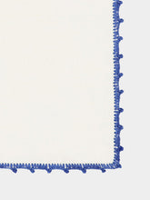 House of Capricorn Hand-Embroidered Teresa White Linen with Blue Crochet Cocktail Napkin