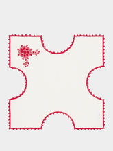 House of Capricorn Hand-Embroidered Teresa White Linen with Red Crochet Bread Basket Cloth