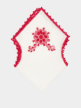 House of Capricorn Hand-Embroidered Teresa White Linen with Red Crochet Bread Basket Cloth