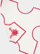 House of Capricorn Hand-Embroidered Teresa White Linen with Red Crochet Bread Basket Cloth